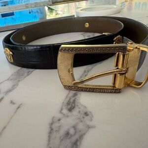 Versace Black and Gold Leather Belt with Gold Buckle